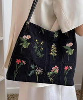 Black Embroidered Large Capacity Canvas Shoulder Bag